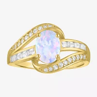 Womens Lab Created White Opal 14K Gold Over Silver Crossover Side Stone Cocktail Ring