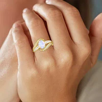 Womens Lab Created White Opal 14K Gold Over Silver Crossover Side Stone Cocktail Ring