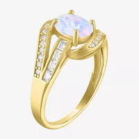 Womens Lab Created White Opal 14K Gold Over Silver Crossover Side Stone Cocktail Ring