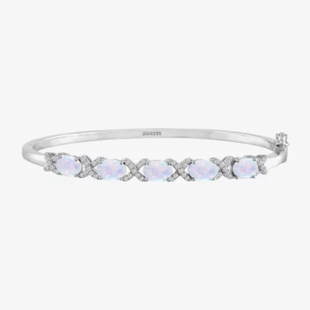 Lab Created White Casted Opal Sterling Silver Bangle Bracelet