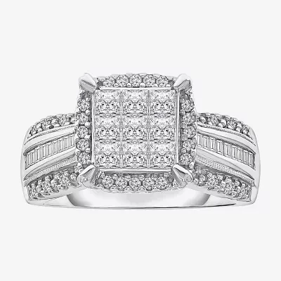 Womens 1 CT. T.W. Lab Grown White Diamond 10K Gold Side Stone Halo Engagement Ring