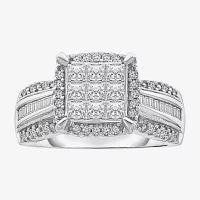Womens 1 CT. T.W. Lab Grown White Diamond 10K Gold Side Stone Halo Engagement Ring