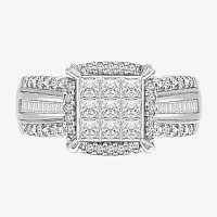 Womens 1 CT. T.W. Lab Grown White Diamond 10K Gold Side Stone Halo Engagement Ring