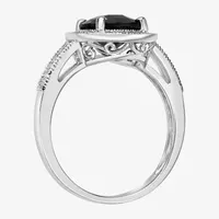 Womens Diamond Accent Genuine Black Onyx Sterling Silver Halo Cocktail Ring