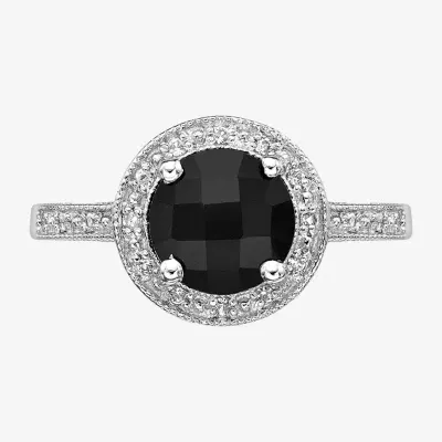 Womens Diamond Accent Genuine Black Onyx Sterling Silver Halo Cocktail Ring