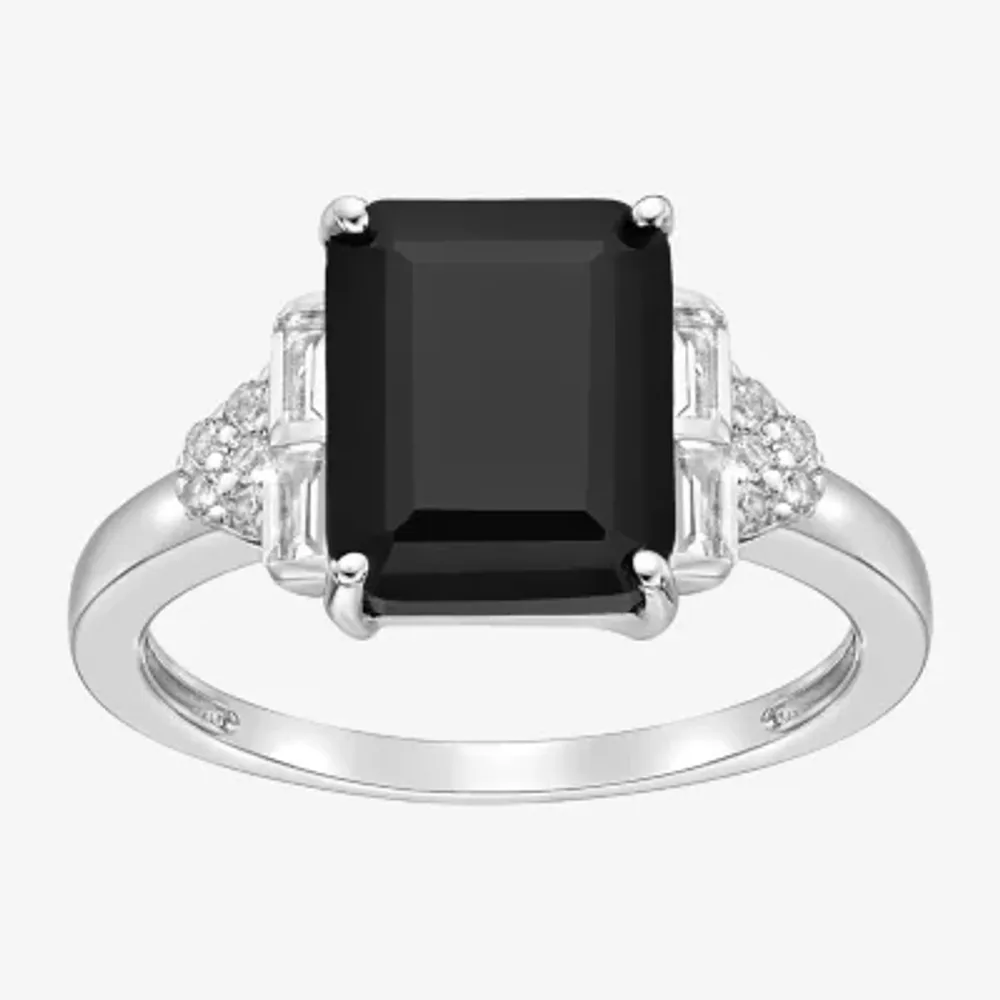 Womens Genuine Black Onyx Sterling Silver Side Stone Cocktail Ring