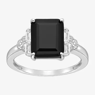 Womens Genuine Black Onyx Sterling Silver Side Stone Cocktail Ring