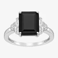 Womens Genuine Black Onyx Sterling Silver Side Stone Cocktail Ring