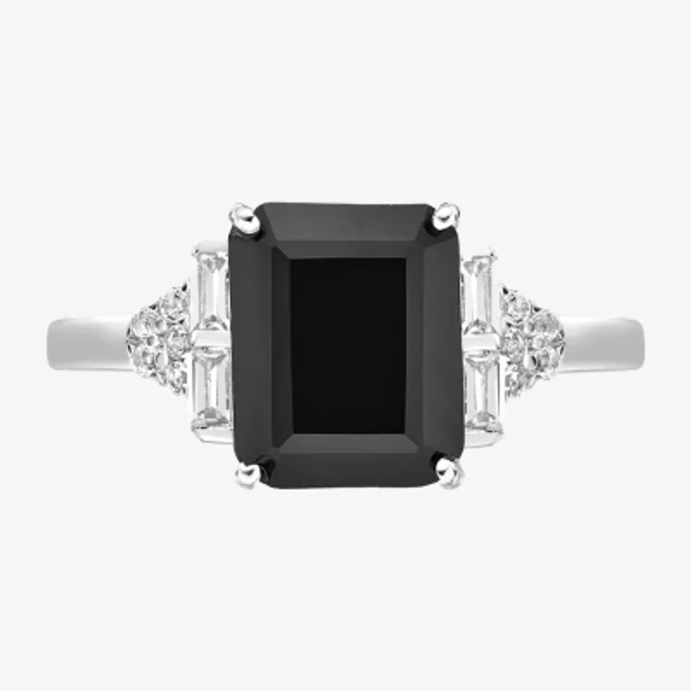 Womens Genuine Black Onyx Sterling Silver Side Stone Cocktail Ring