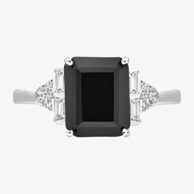 Womens Genuine Black Onyx Sterling Silver Side Stone Cocktail Ring