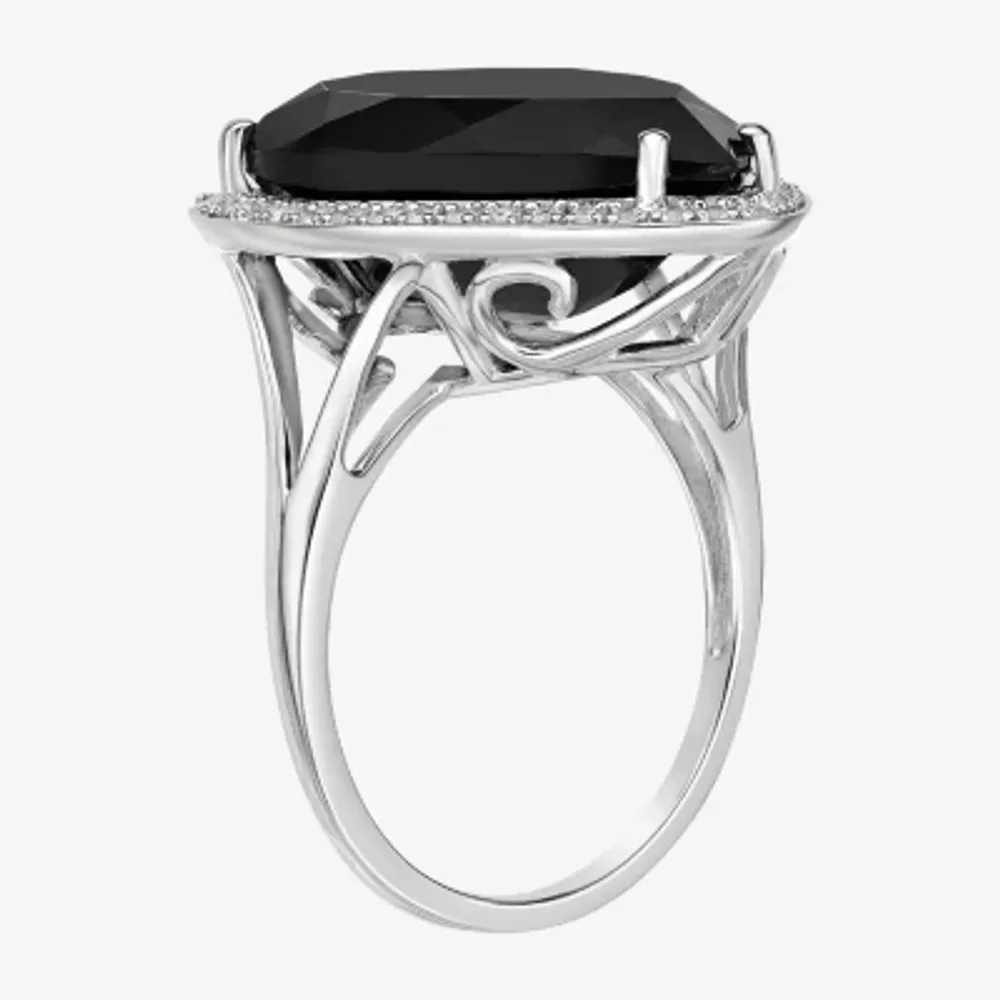 Womens Genuine Black Onyx Sterling Silver Pear Halo Cocktail Ring