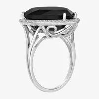 Womens Genuine Black Onyx Sterling Silver Pear Halo Cocktail Ring