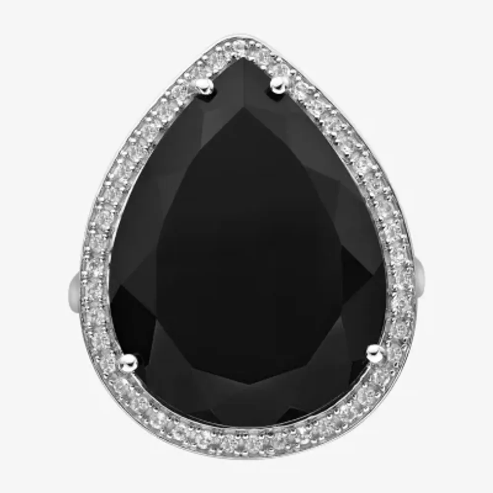 Womens Genuine Black Onyx Sterling Silver Pear Halo Cocktail Ring