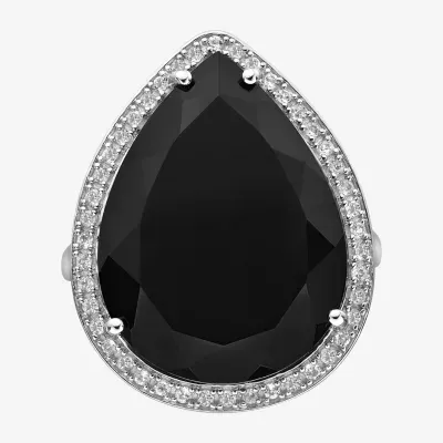 Womens Genuine Black Onyx Sterling Silver Pear Halo Cocktail Ring