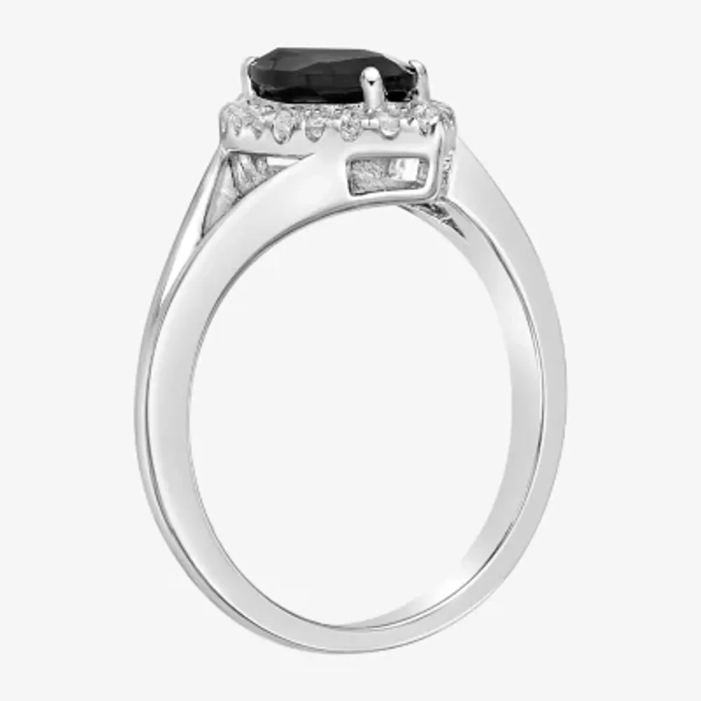 Womens Genuine Black Onyx Sterling Silver Halo Cocktail Ring