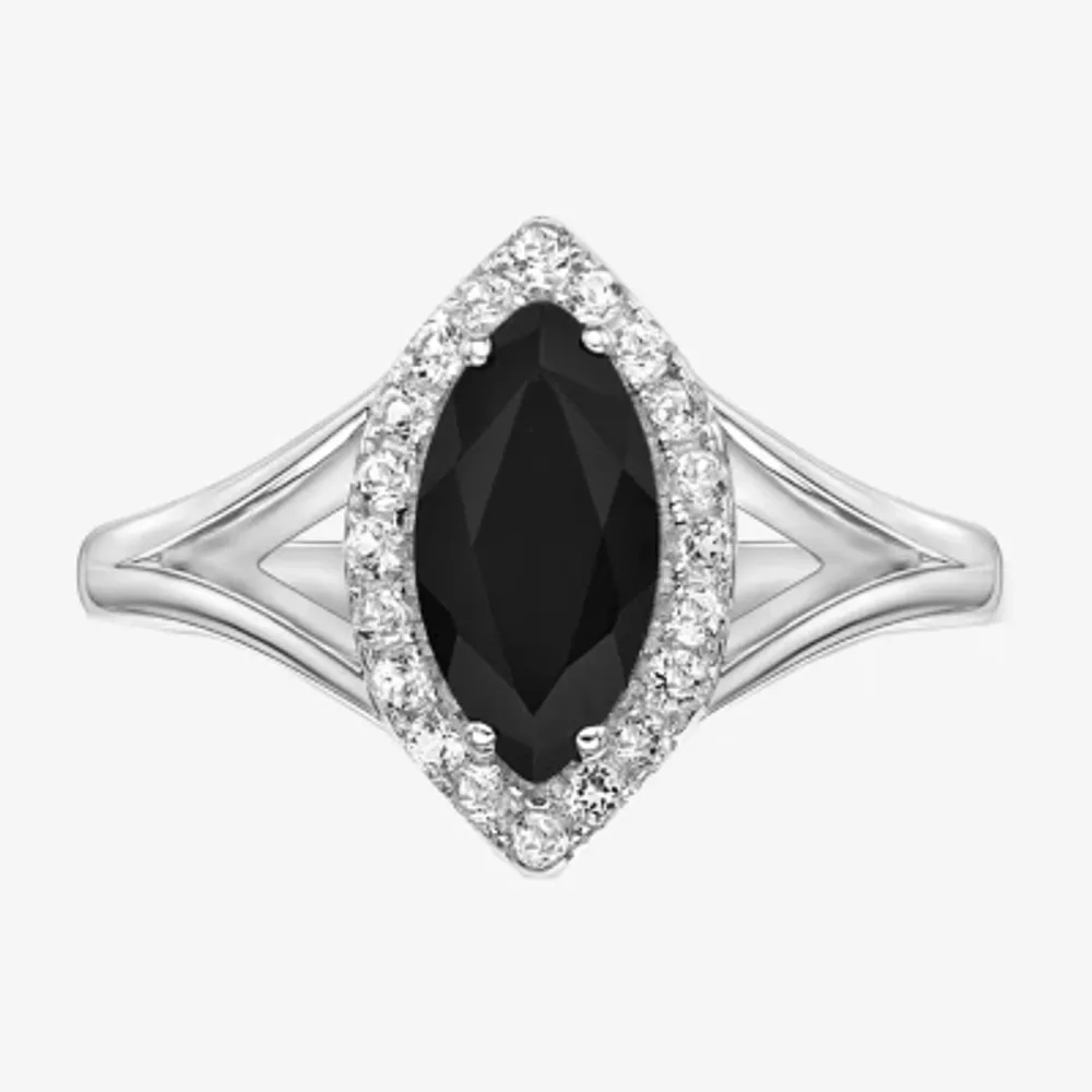 Womens Genuine Black Onyx Sterling Silver Halo Cocktail Ring