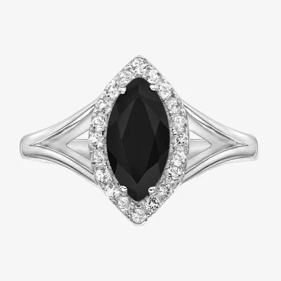 Womens Genuine Black Onyx Sterling Silver Halo Cocktail Ring