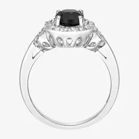 Womens Genuine Black Onyx Sterling Silver Halo Cocktail Ring