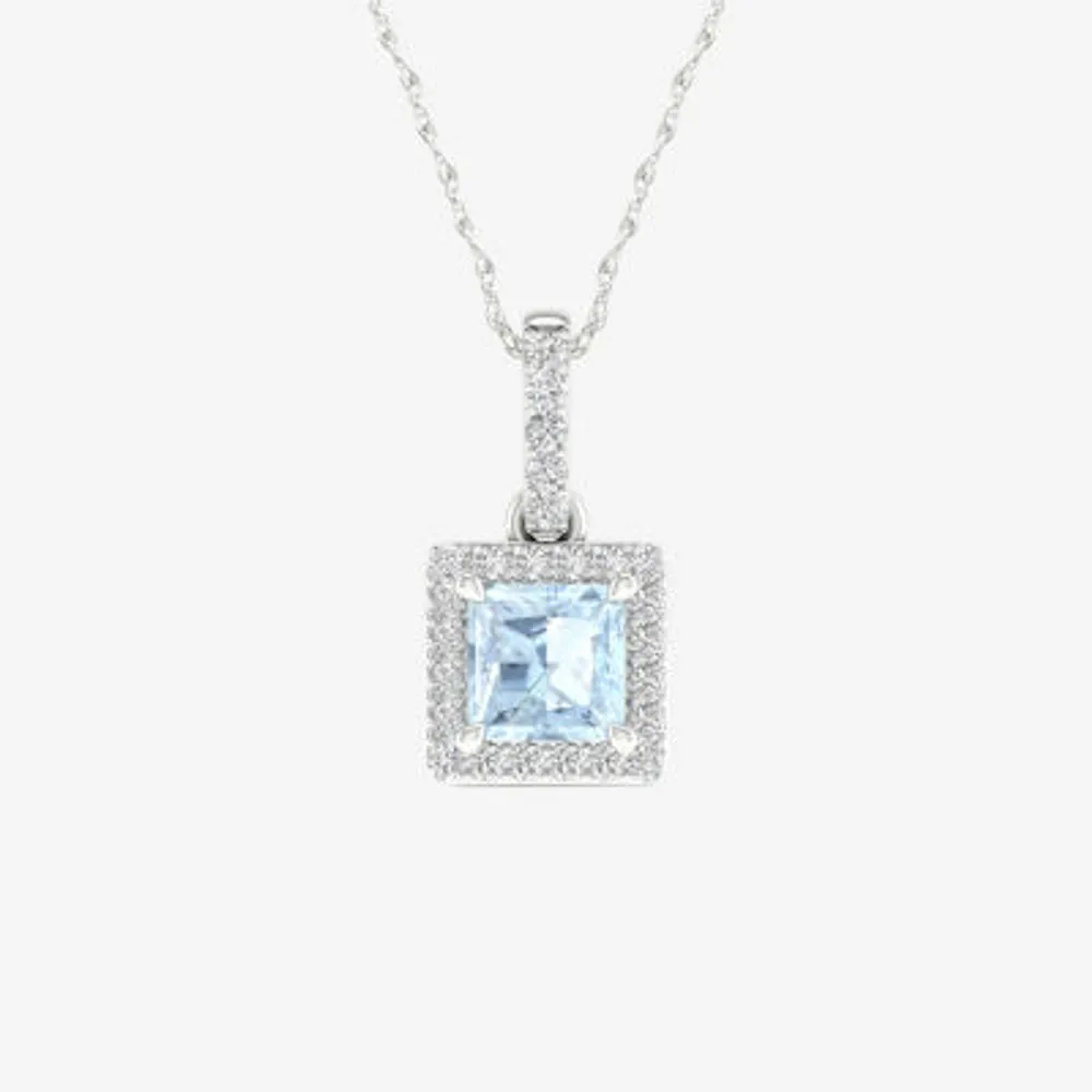 Womens Genuine Blue Aquamarine & 1/7 CT. T.W. Natural White Diamond 10K White Gold Square Pendant Necklace
