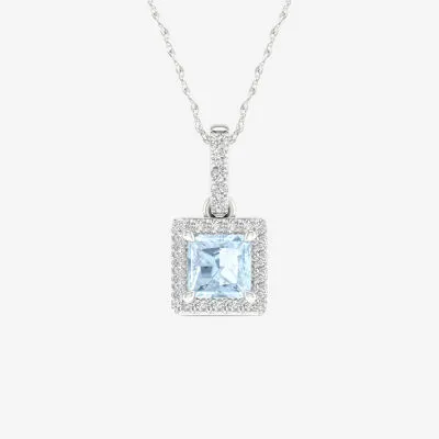 Womens Genuine Blue Aquamarine  & 1/7 CT. T.W. Natural White Diamond  10K White Gold Square Pendant Necklace