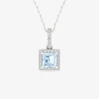 Womens Genuine Blue Aquamarine  & 1/7 CT. T.W. Mined White Diamond  10K White Gold Square Pendant Necklace