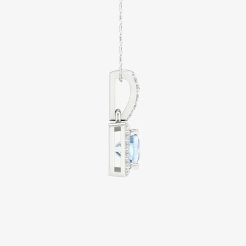 Womens Genuine Blue Aquamarine  & 1/7 CT. T.W. Mined White Diamond  10K White Gold Square Pendant Necklace