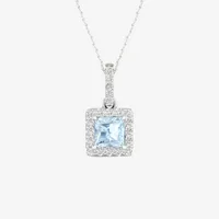 Womens Genuine Blue Aquamarine  & 1/5 CT. T.W. Mined White Diamond 10K White Gold Square Pendant Necklace