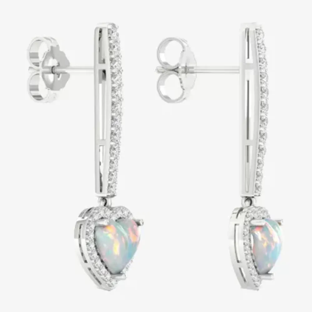 Lab Created White Opal Sterling Silver Heart Drop Earrings