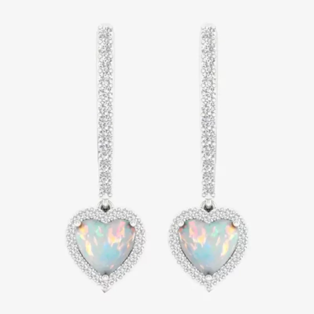 Lab Created White Opal Sterling Silver Heart Drop Earrings