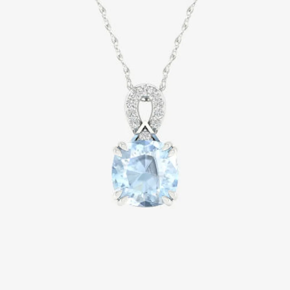Womens Diamond Accent Genuine Blue Aquamarine 10K White Gold Pendant Necklace
