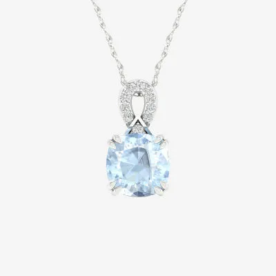 Womens Diamond Accent Genuine Blue Aquamarine 10K White Gold Pendant Necklace