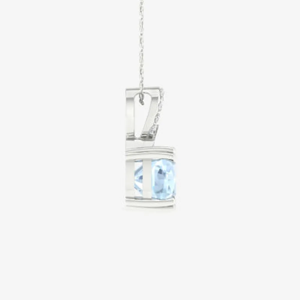 Womens Diamond Accent Genuine Blue Aquamarine 10K White Gold Pendant Necklace