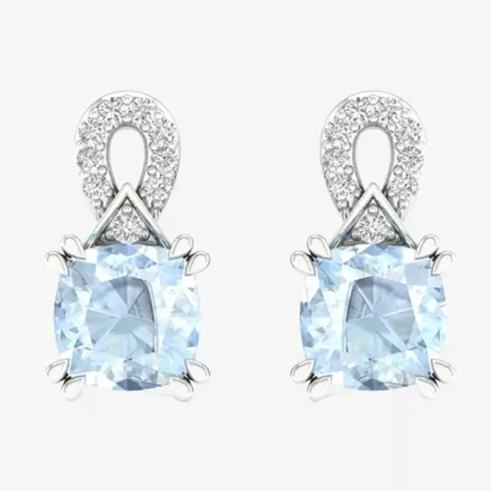 Diamond Accent Genuine Blue Aquamarine 10K White Gold Drop Earrings