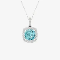 Womens Diamond Accent Genuine Blue Aquamarine 10K Gold Cushion Pendant Necklace