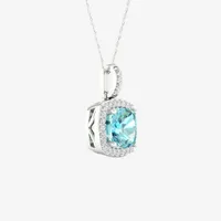 Womens Diamond Accent Genuine Blue Aquamarine 10K Gold Cushion Pendant Necklace