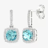 Genuine Blue Aquamarine & 1/ CT. T.W. Natural White Diamond 10K White Gold Cushion Drop Earrings