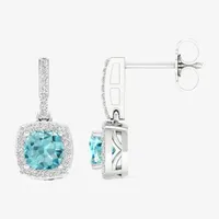 Genuine Blue Aquamarine & 1/ CT. T.W. Natural White Diamond 10K White Gold Cushion Drop Earrings