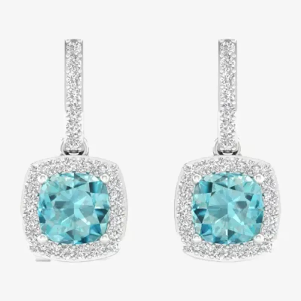 Genuine Blue Aquamarine & 1/7 CT. T.W. Natural White Diamond 10K White Gold Cushion Drop Earrings