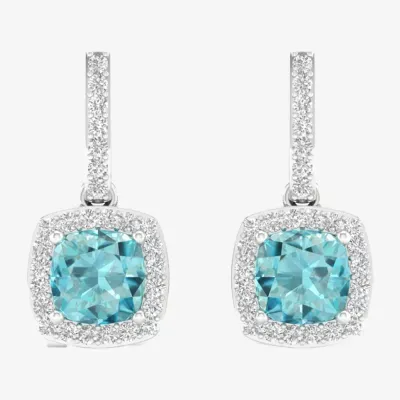 Genuine Blue Aquamarine & 1/7 CT. T.W. Mined White Diamond 10K White Gold Cushion Drop Earrings