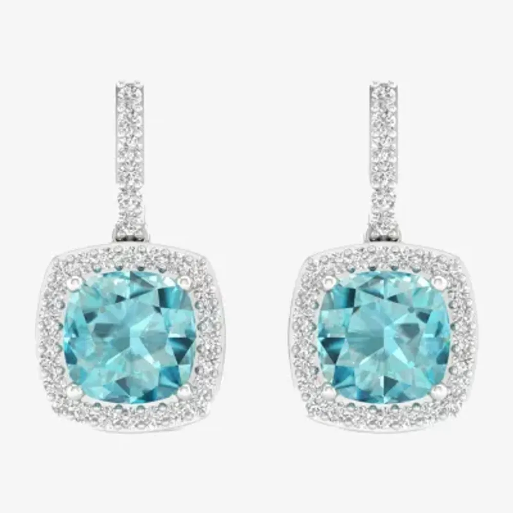 Genuine Blue Aquamarine & 1/ CT. T.W. Mined White Diamond 10K White Gold Cushion Drop Earrings