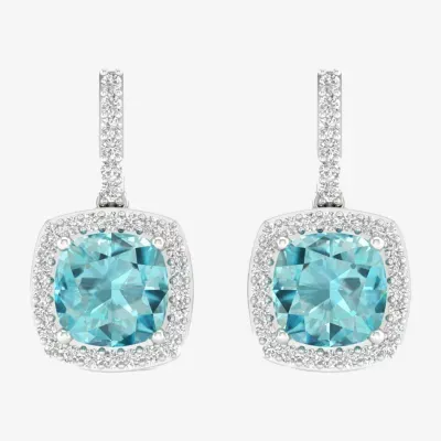 Genuine Blue Aquamarine & 1/ CT. T.W. Natural White Diamond 10K White Gold Cushion Drop Earrings