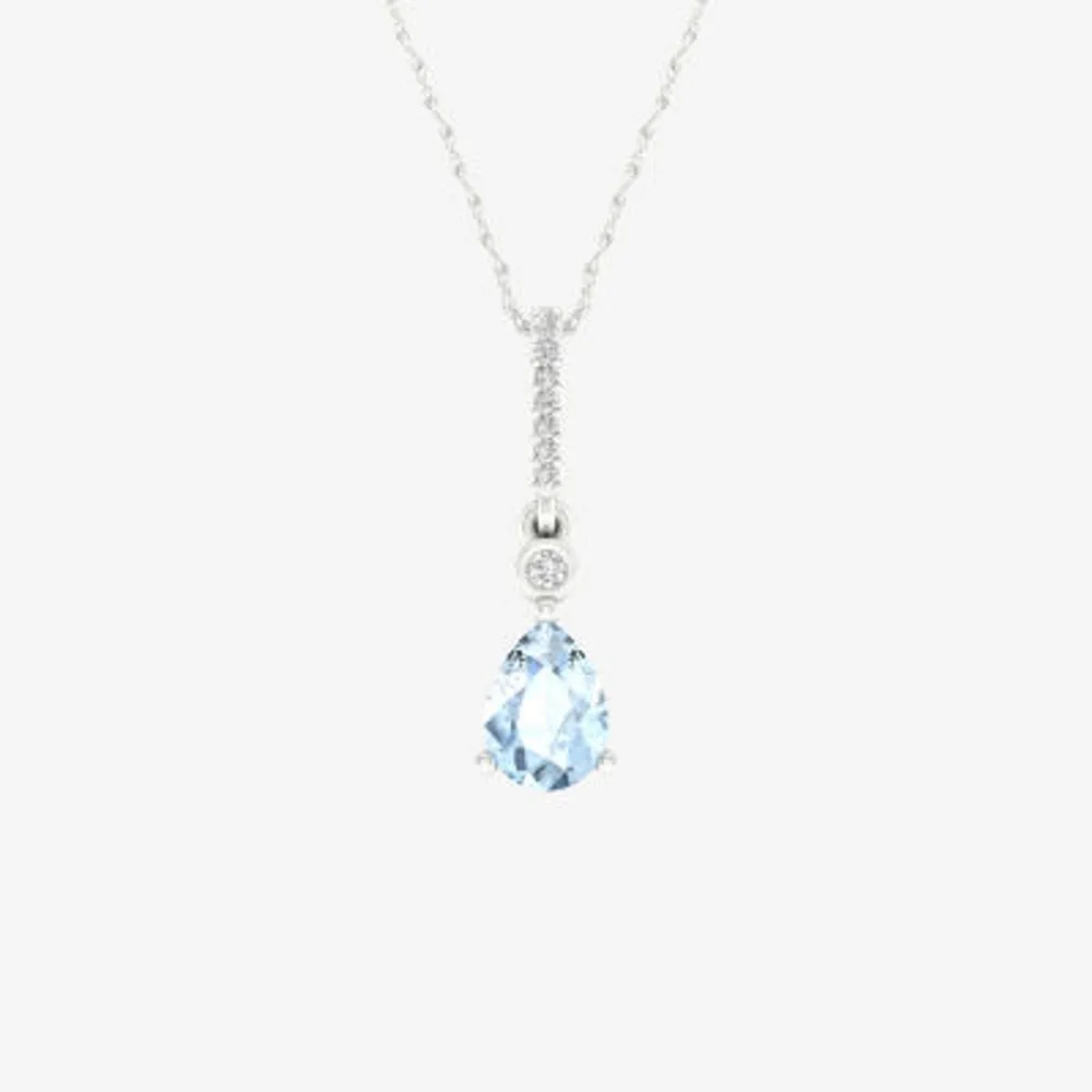 Womens Diamond Accent Genuine Blue Aquamarine 10K Gold Pear Pendant Necklace