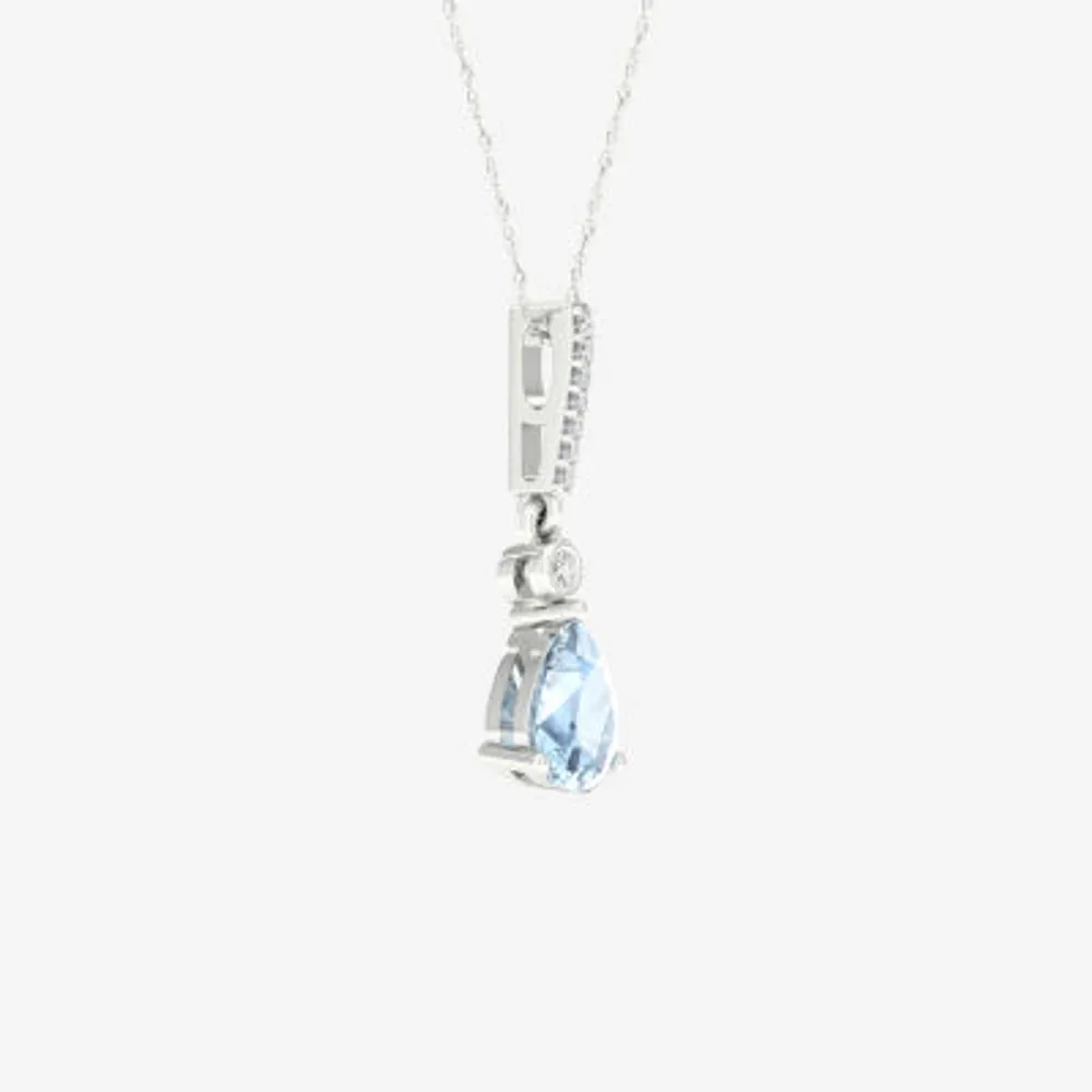 Womens Diamond Accent Genuine Blue Aquamarine 10K Gold Pear Pendant Necklace