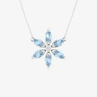 Womens Diamond Accent Genuine Blue Aquamarine Sterling Silver Flower Pendant Necklace