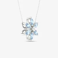 Womens Diamond Accent Genuine Blue Aquamarine Sterling Silver Flower Pendant Necklace