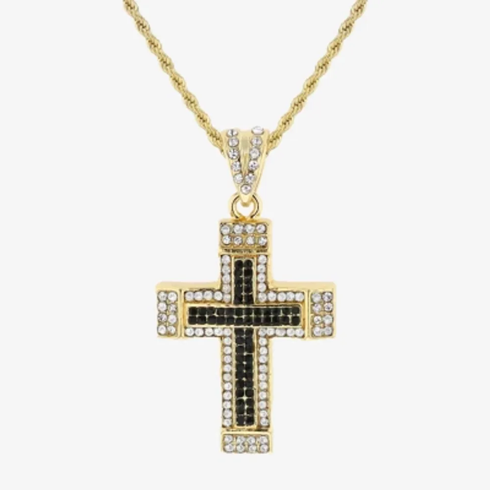 Mens Multi Color Cubic Zirconia Stainless Steel Cross Pendant Necklace