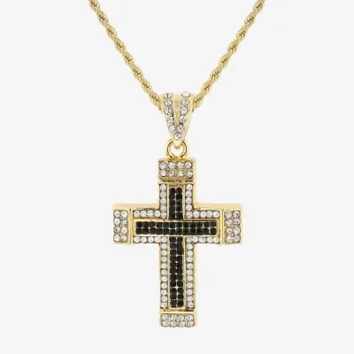 Mens Multi Color Cubic Zirconia Stainless Steel Cross Pendant Necklace