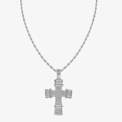 Mens Cubic Zirconia Stainless Steel Cross Pendant Necklace