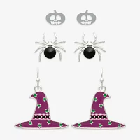 Mixit Halloween Jack O Lantern Spider & Witch Hat 3 Pair Glass Earring Set