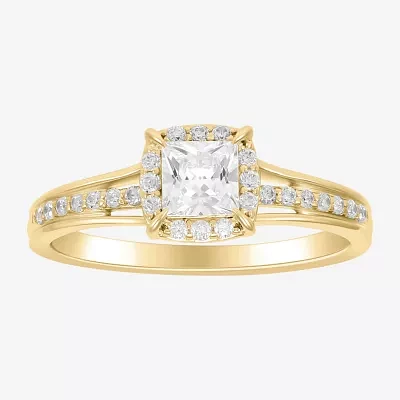 (H-I / Si1-Si2) Womens 3/4 CT. T.W. Lab Grown White Diamond 10K Gold Side Stone Halo Engagement Ring